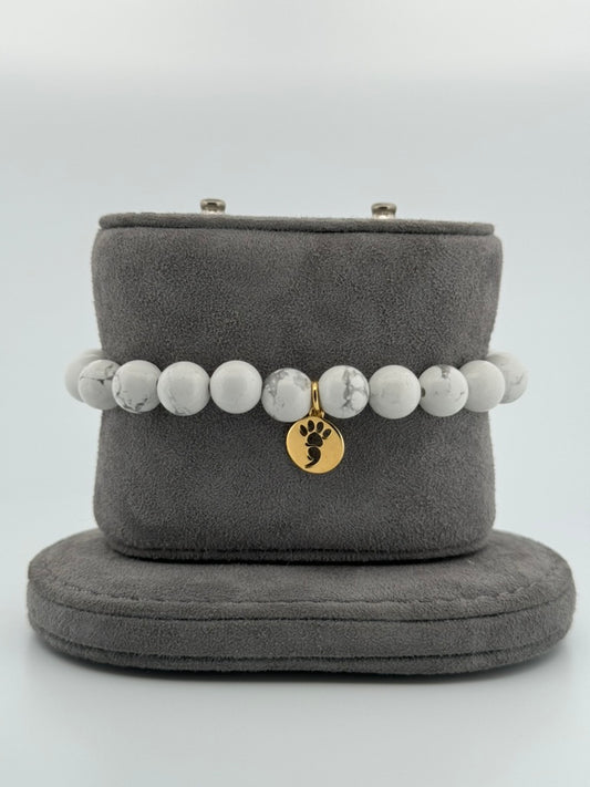 White Howlite Stretch Beaded Bracelet with Gold Pawmicolon Charm