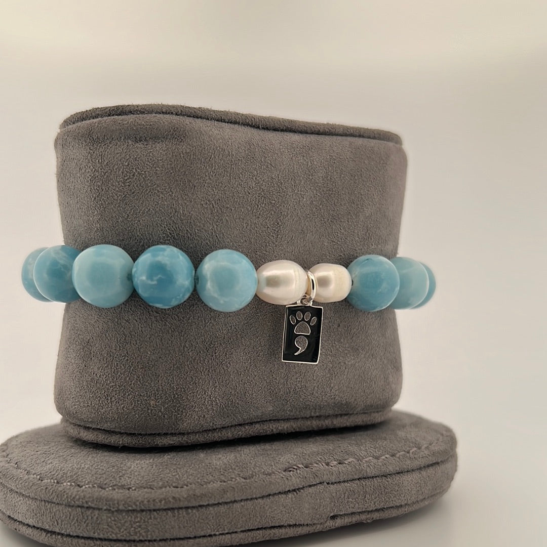 Larimar & White Pearl Stretch Bracelet