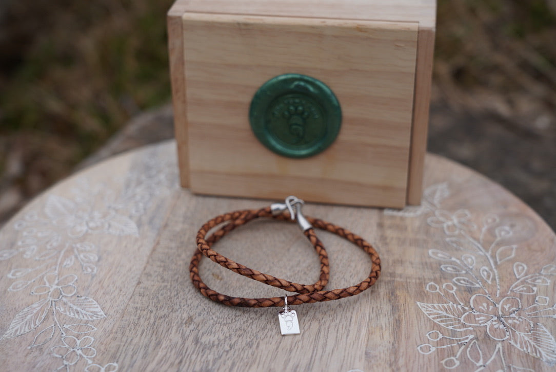 Light Brown Leather Wrap Bracelet with Sterling Silver Pawmicolon Charm